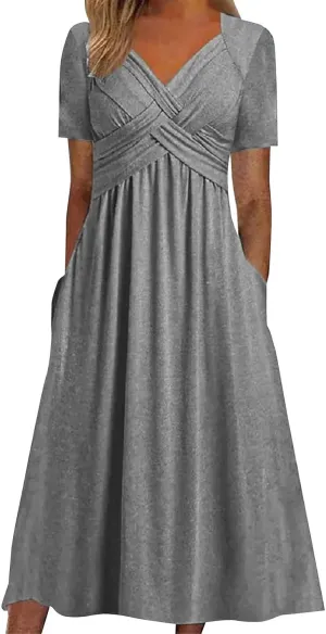 Short Sleeve Dress for Women with Pockets Casual Summer Wrap V Neck Short Sleeve Flowy Vacation Beach Midi Dress