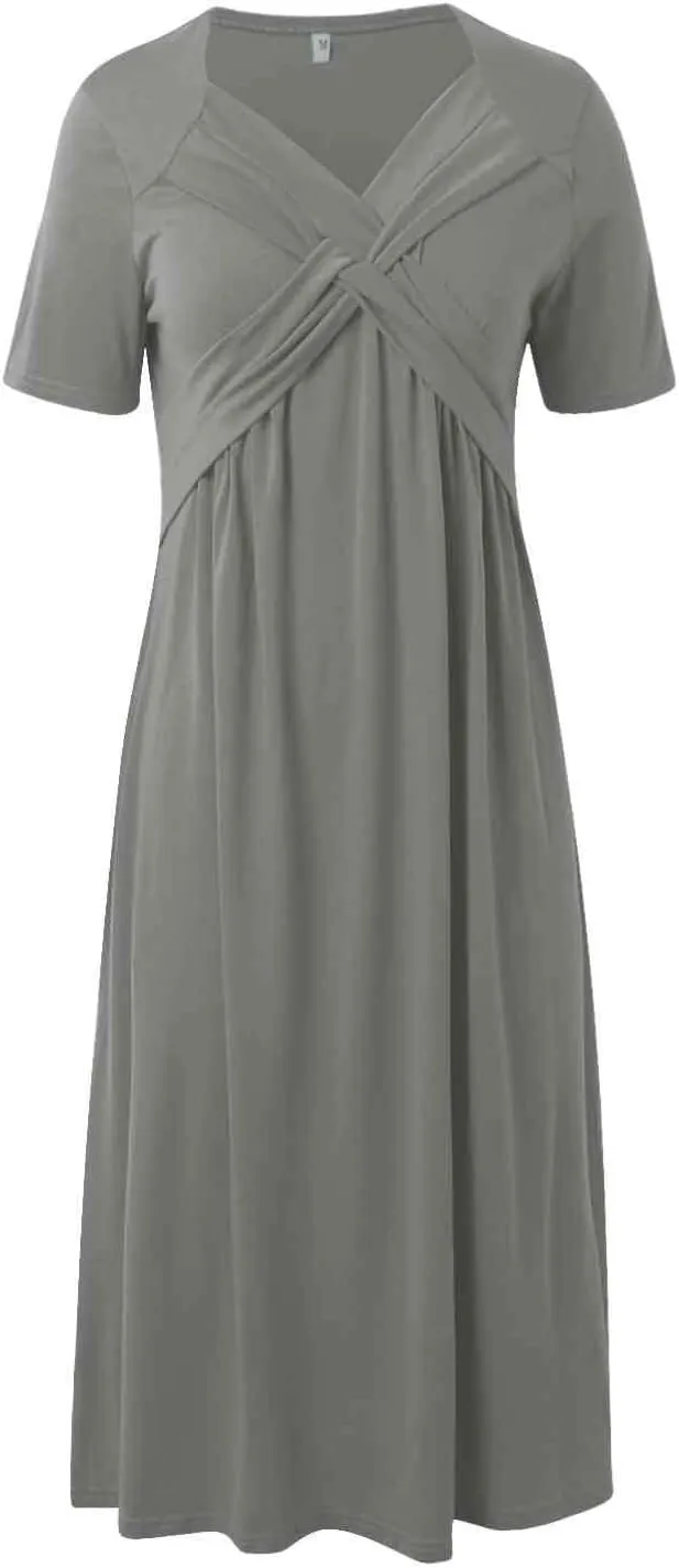 Short Sleeve Dress for Women with Pockets Casual Summer Wrap V Neck Short Sleeve Flowy Vacation Beach Midi Dress
