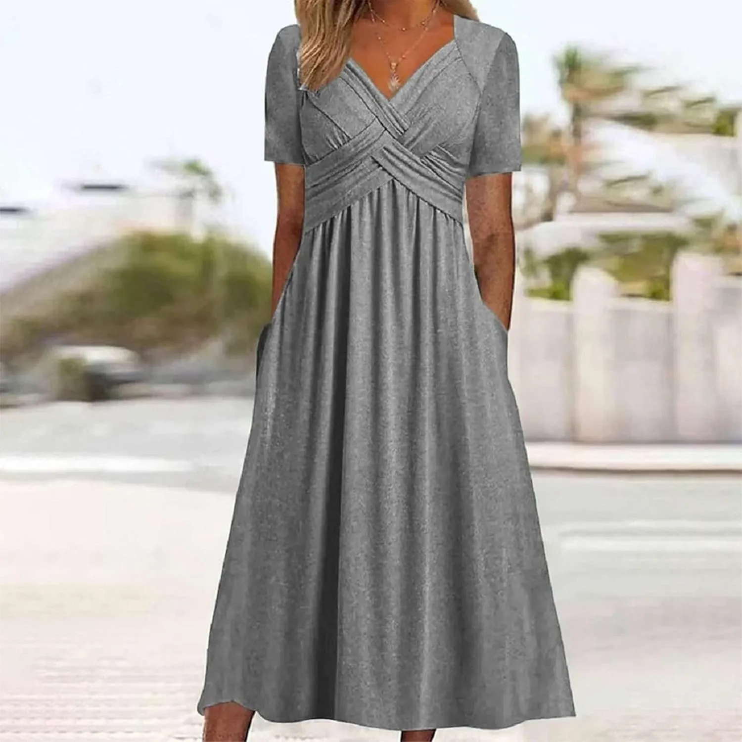 Short Sleeve Dress for Women with Pockets Casual Summer Wrap V Neck Short Sleeve Flowy Vacation Beach Midi Dress
