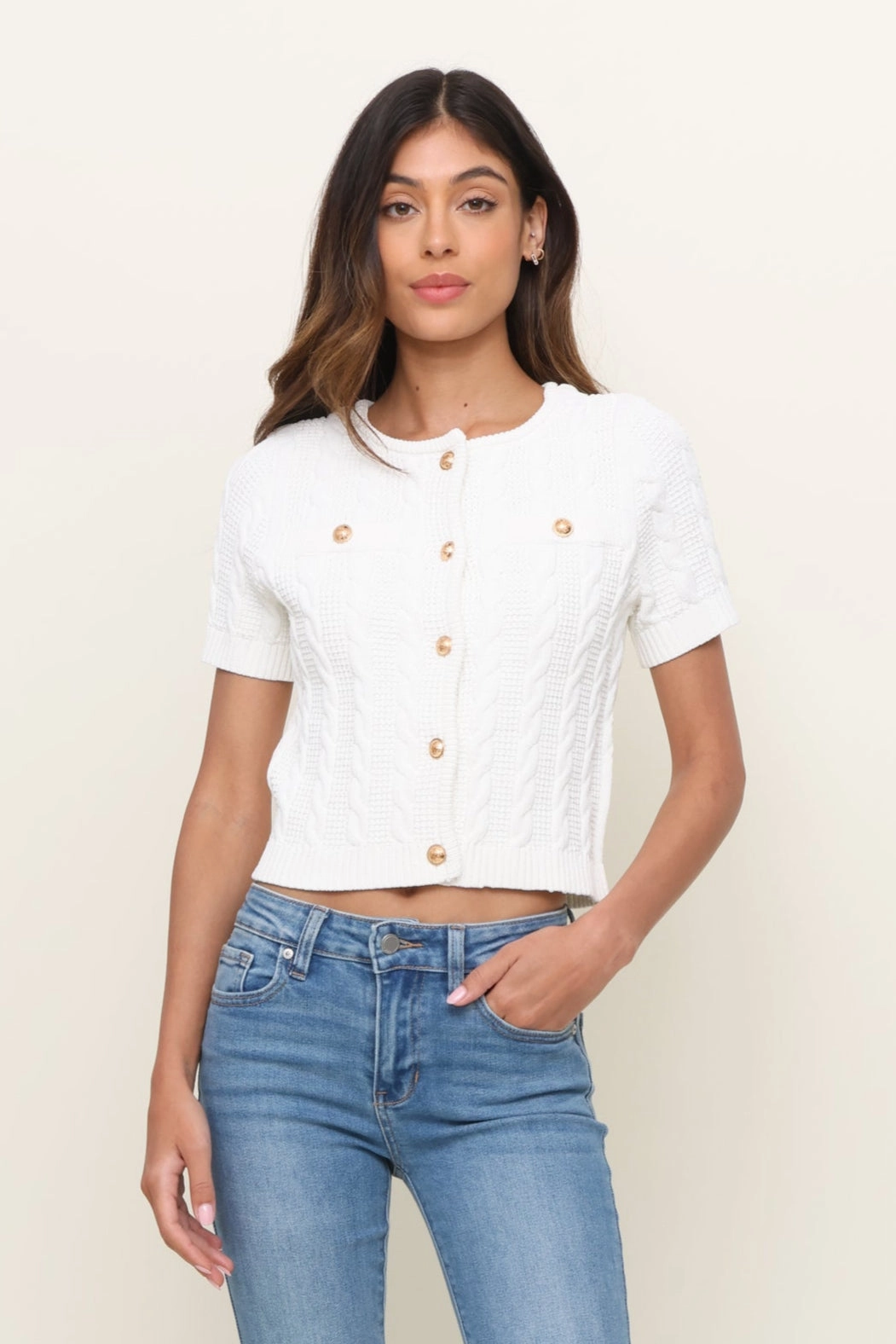 Cozy Classic Short Sleeve Cable Knit Sweater