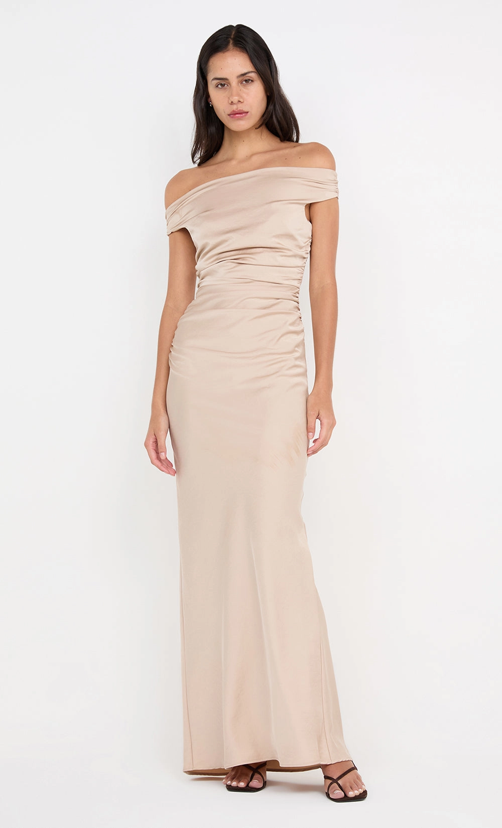 ETERNITY OFF SHOULDER MAXI - SAND Sleek Flow Ruffle Hem