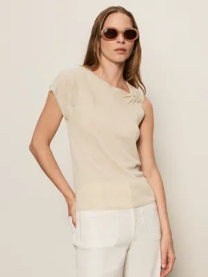 Durable Collar Construction Shoulder Twist Top Heather Pearl