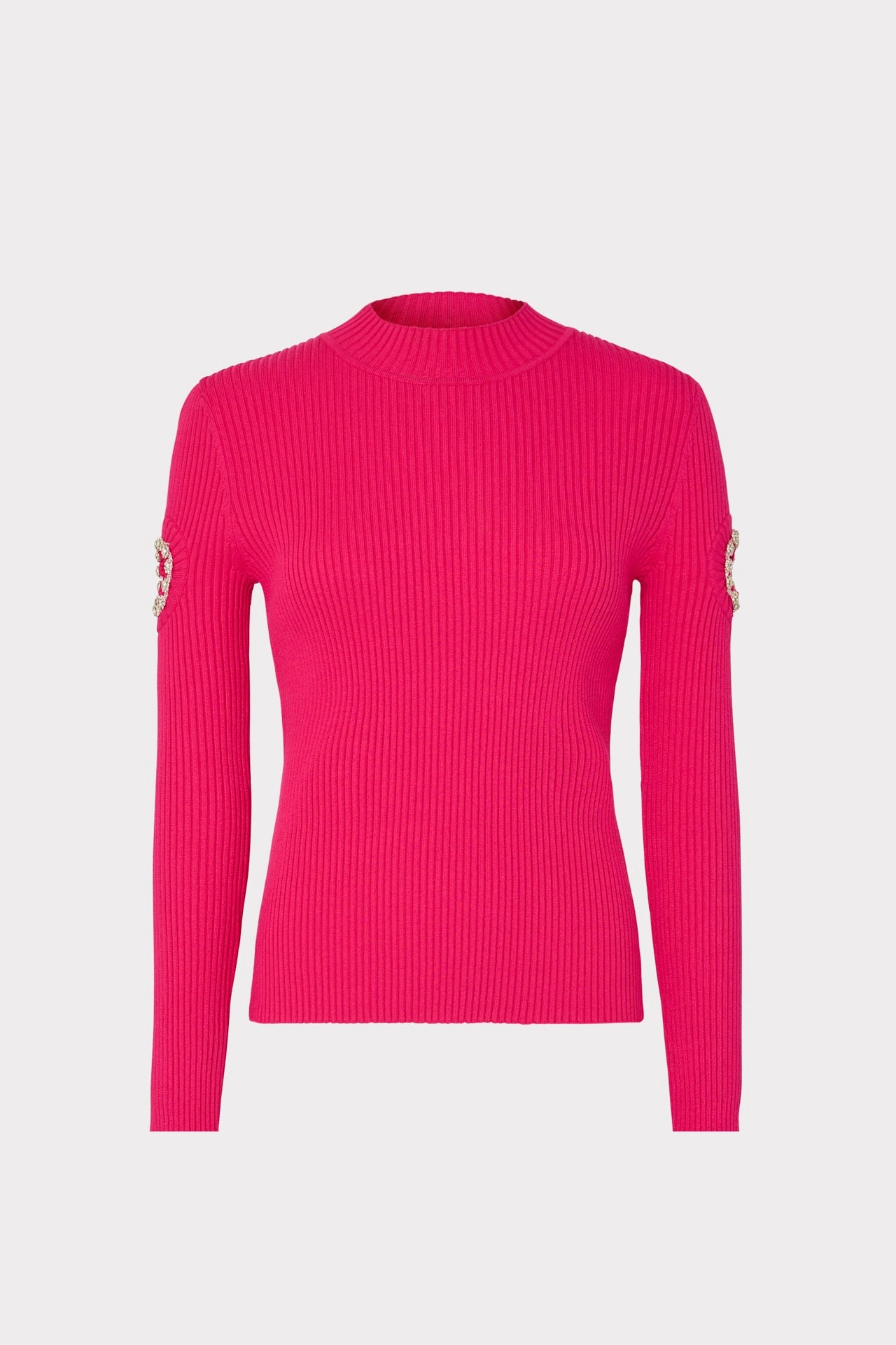 Shoulder Cut Out Knit Mock Neck Ribbed Hem Detail