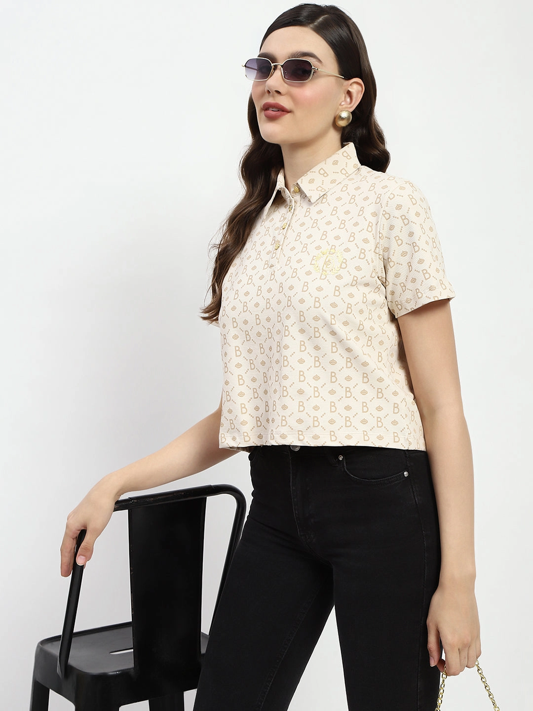 MidweightKnit Button Down Collar Madame Bridgerton Beige Cotton Polo Top