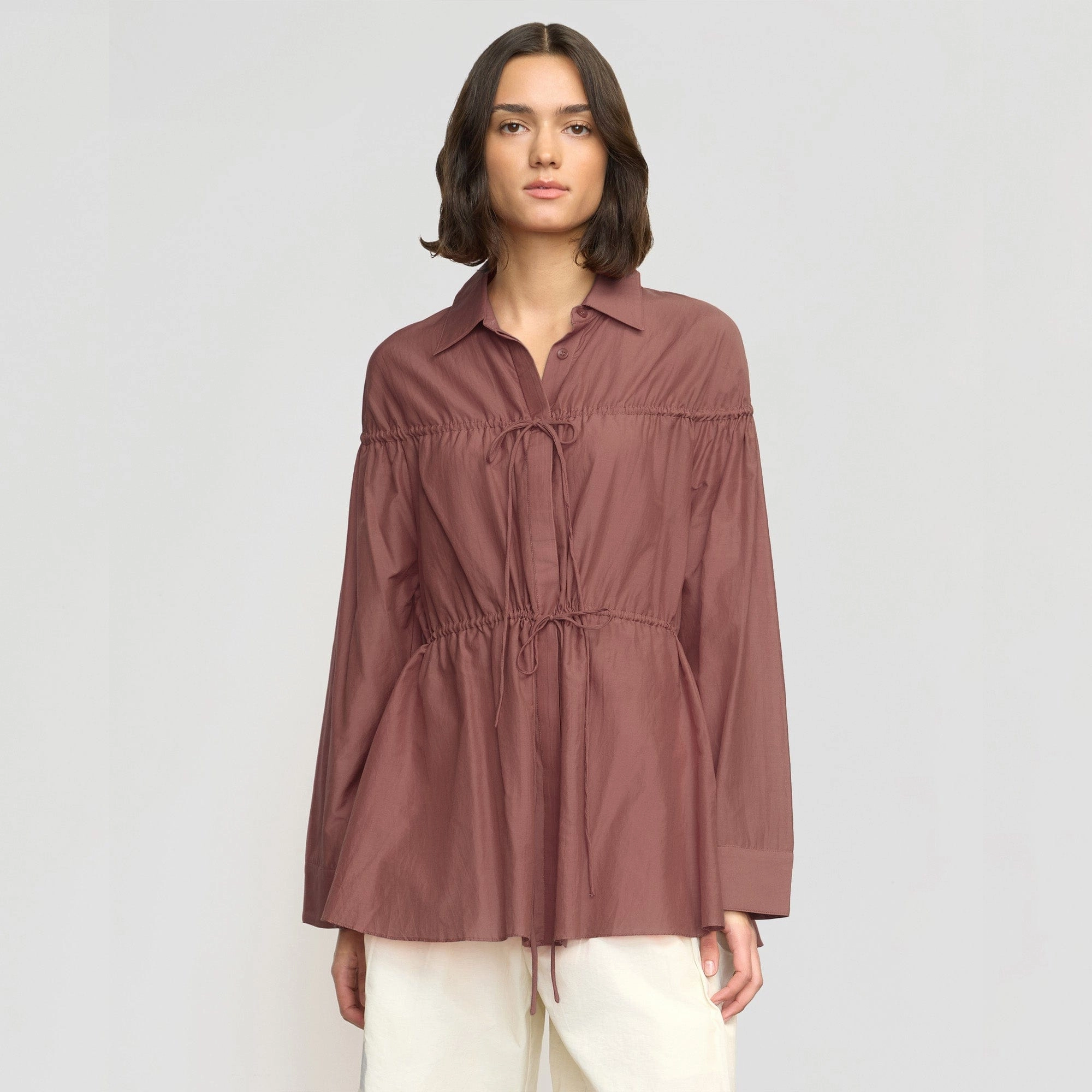 Kia Tie-Front Cotton-Silk Tunic Blouse Airflow Mesh Insert