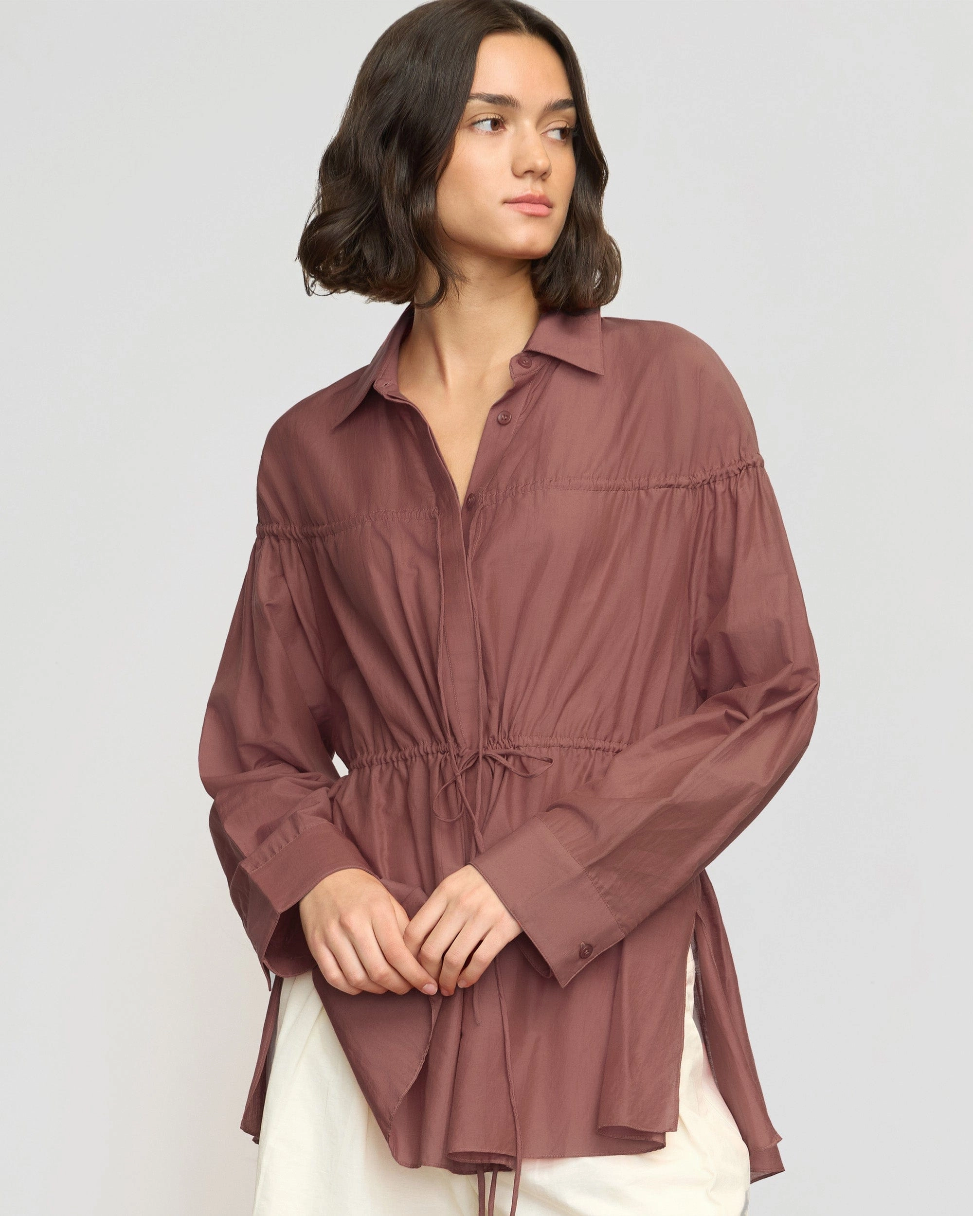 Kia Tie-Front Cotton-Silk Tunic Blouse Compact Thermal Insulation NonRestrictiveCollar