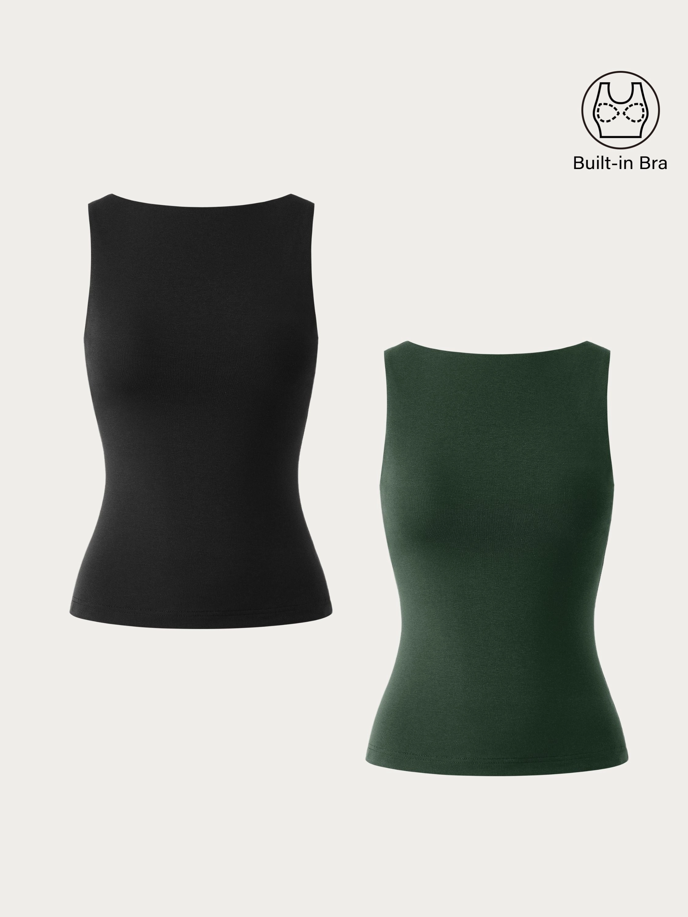 2Pcs Set Stretch Cotton Boatneck Brami Tank Asymmetrical hem Anti Pilling