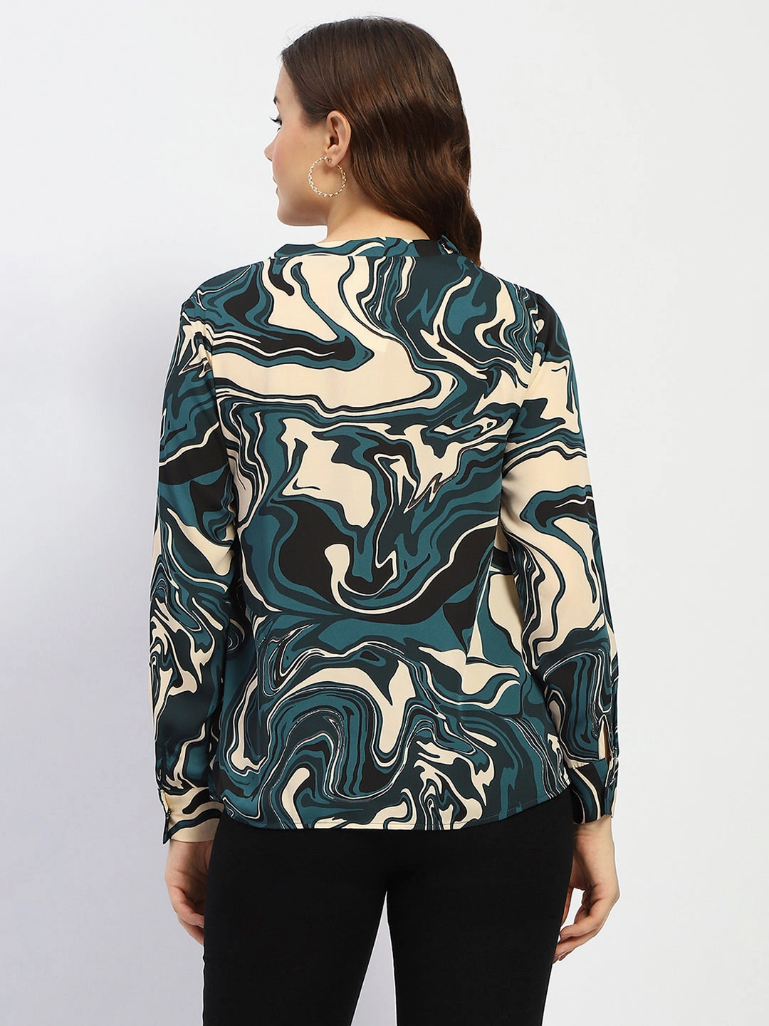 Recycled Polyester Blend Madame Marble Print Teal Green Top