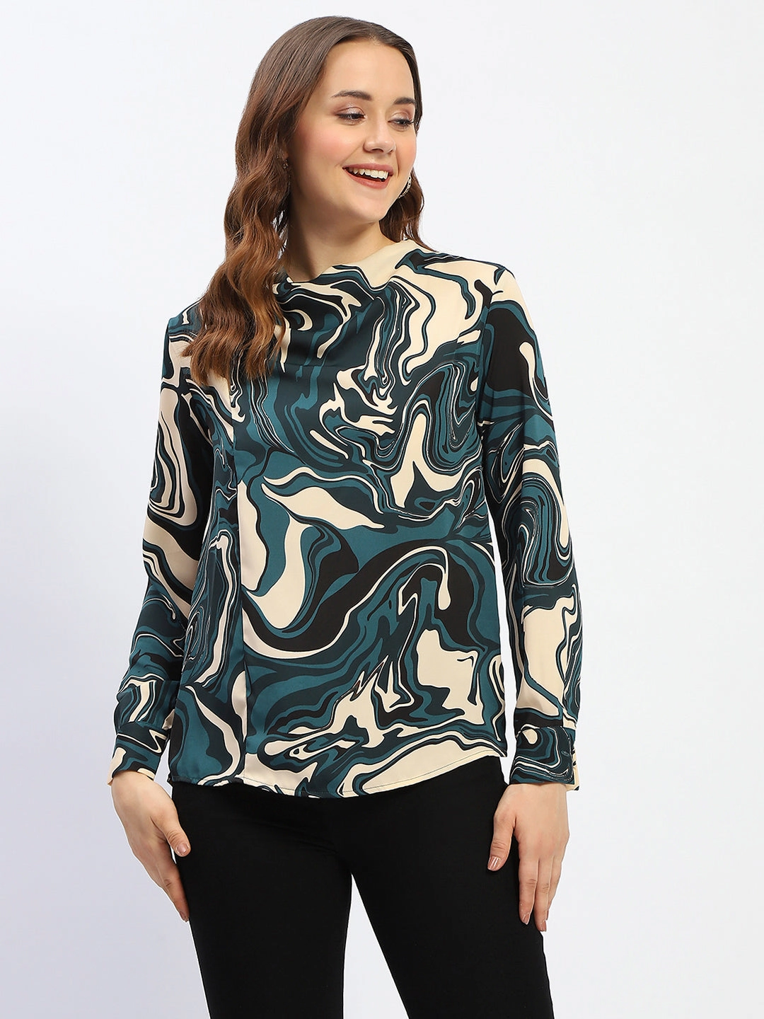 Madame Marble Print Teal Green Top Flexible Waistband Adaptation FoldableFeature