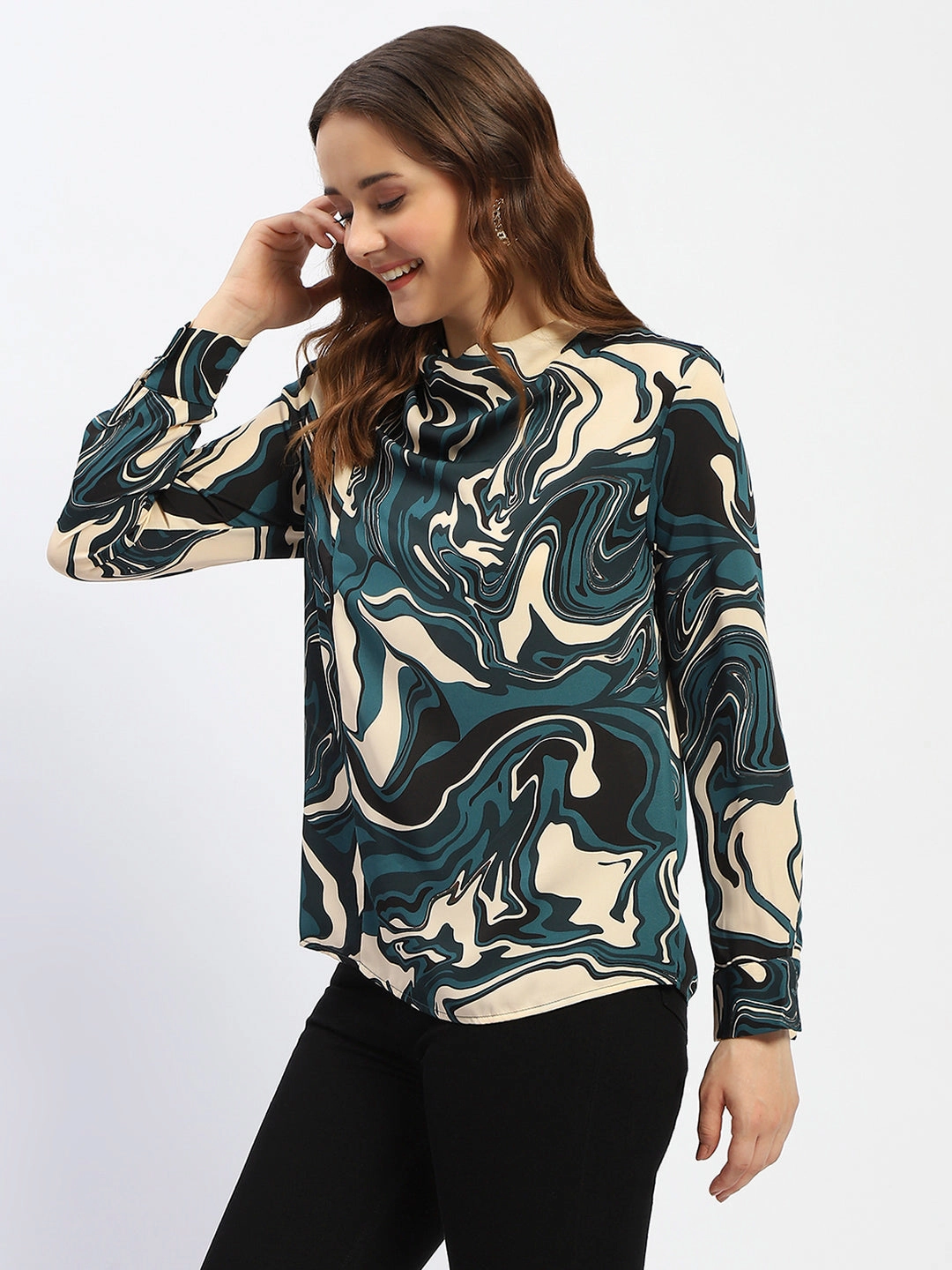 Madame Marble Print Teal Green Top HighNeckline