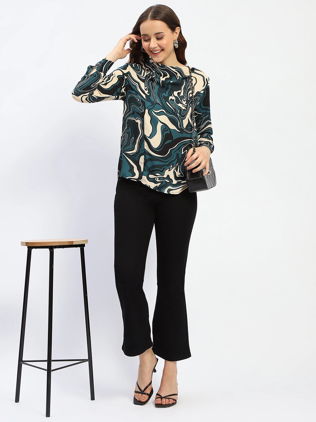Madame Marble Print Teal Green Top Microfiber Blended Fabric Stretch Fit