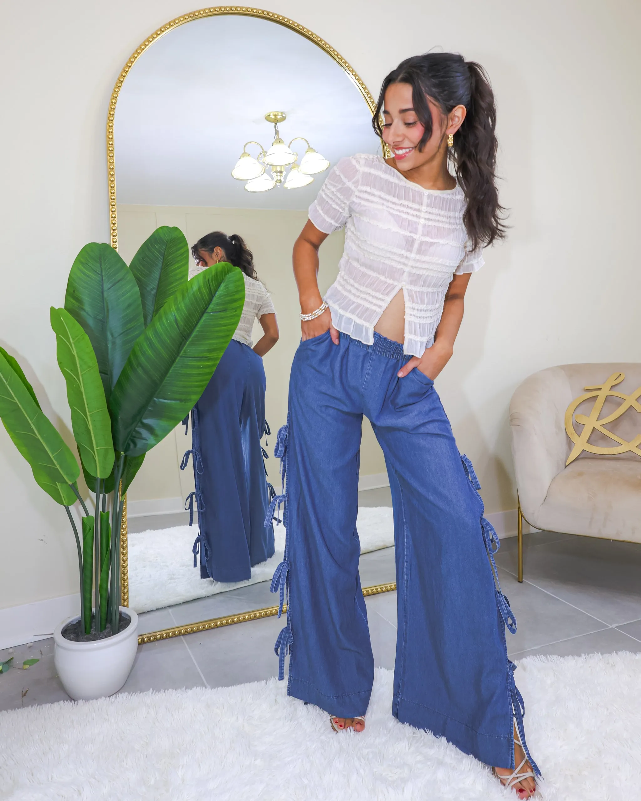 Side Tie Chic Wide Leg Denim Pants