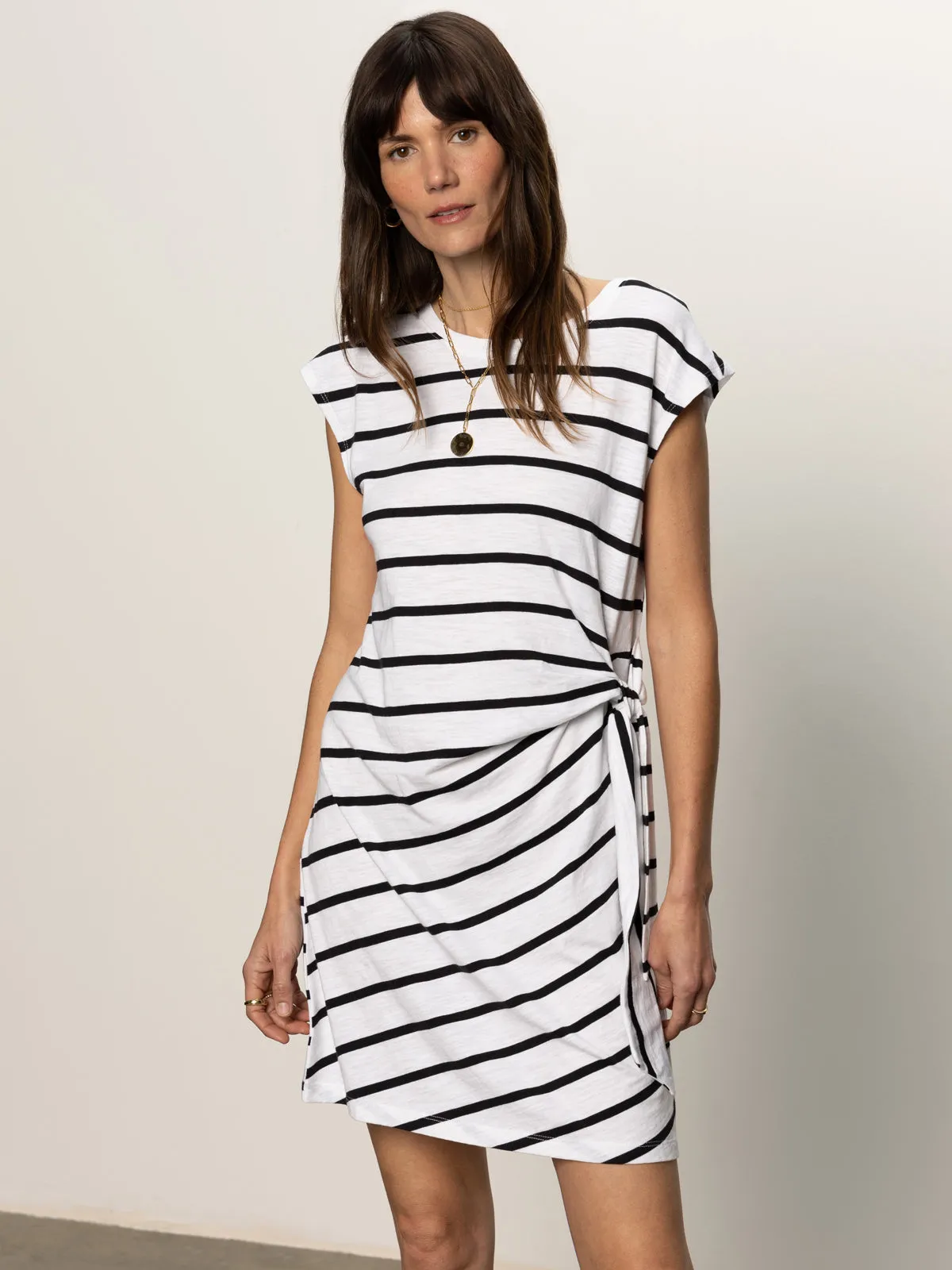 Side Tie T-Shirt Dress White Black Stripe Movement Friendly