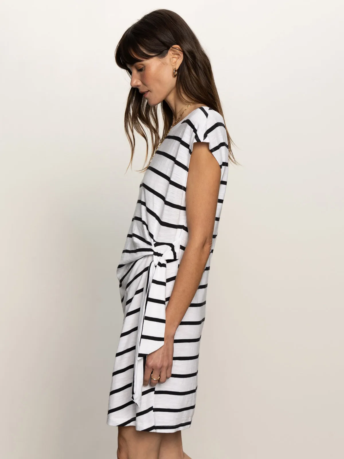 Side Slit Side Tie T-Shirt Dress White Black Stripe