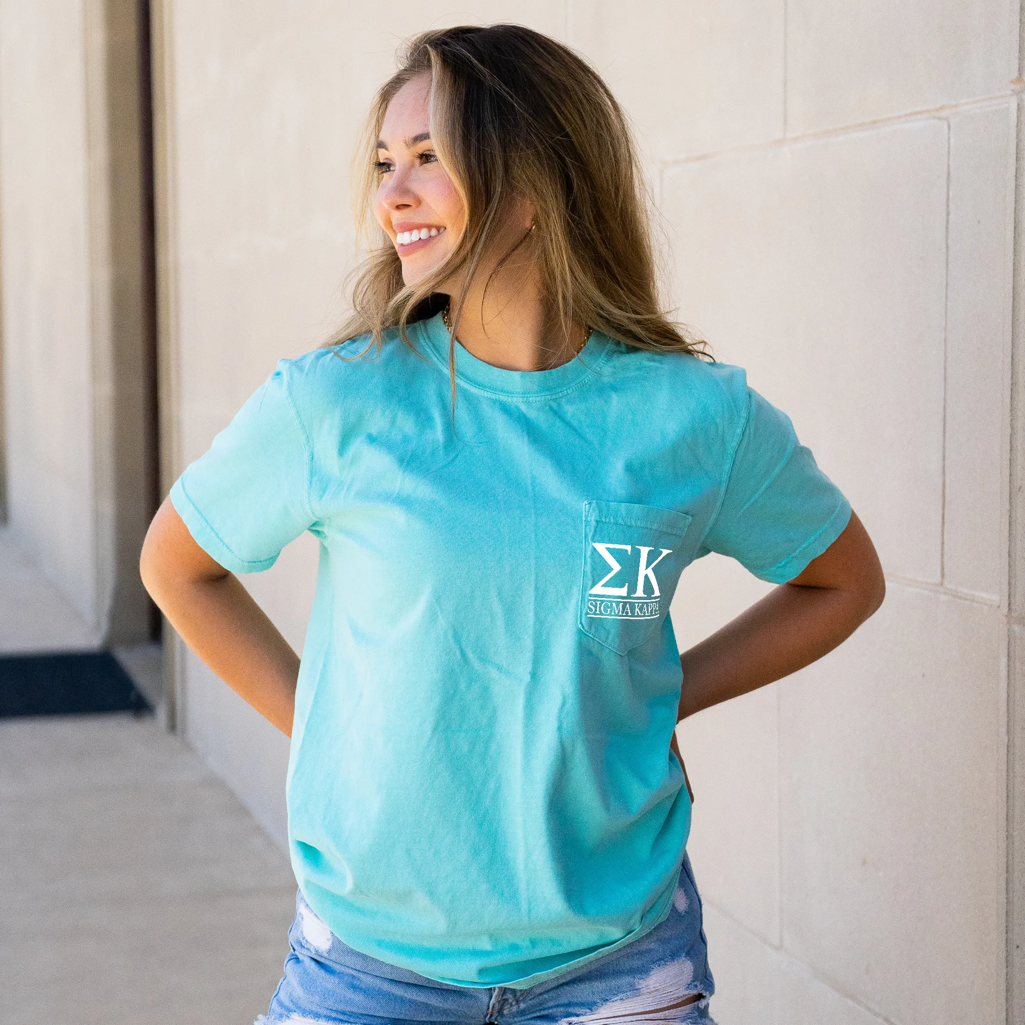 Sigma Kappa Block Letters Pocket T-Shirt - Mint