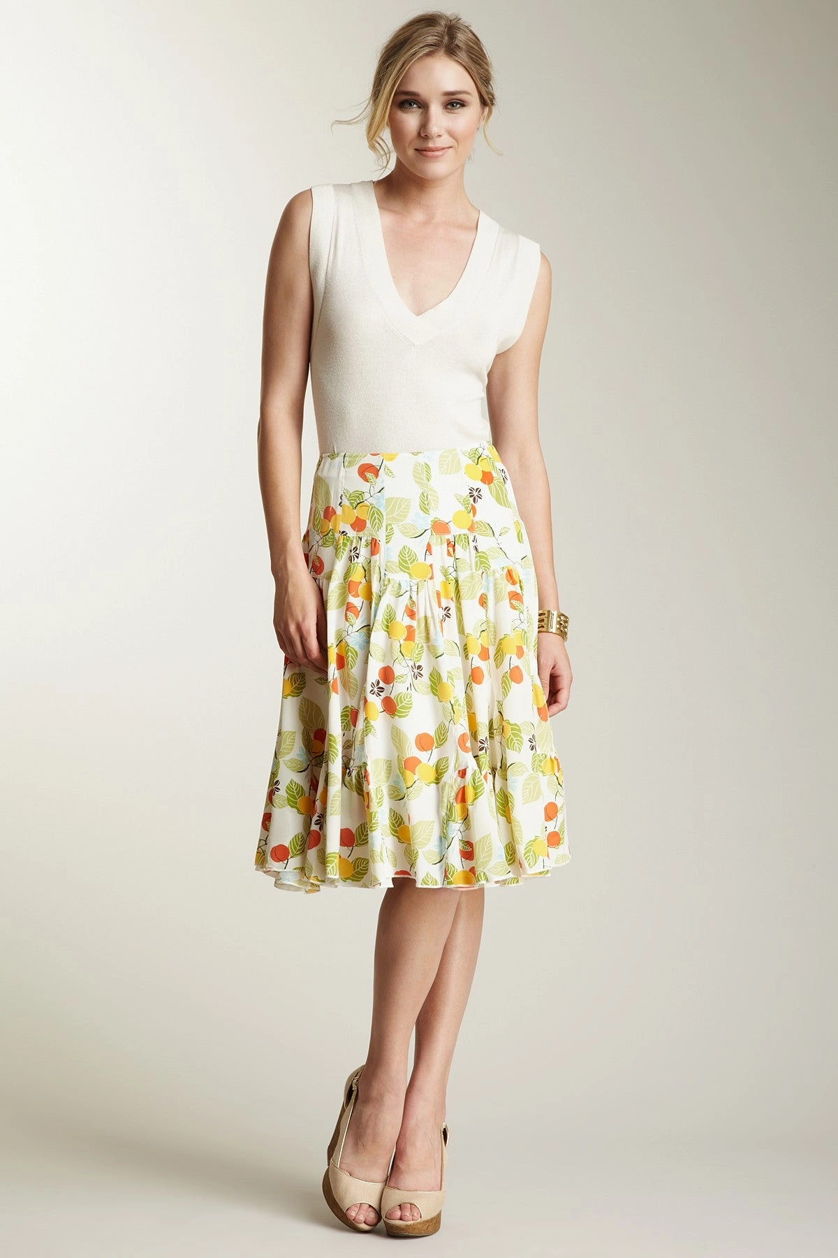 Double Layer Silk Ruffle Insert Skirt - Fruit Print