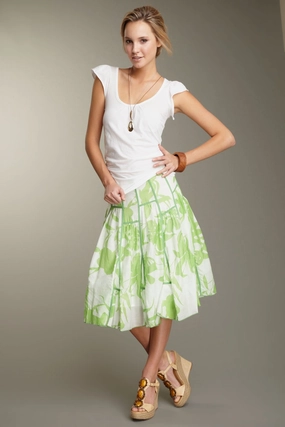 Silk Voile Ruffled Insert Skirt - Green Print Simple Comfort