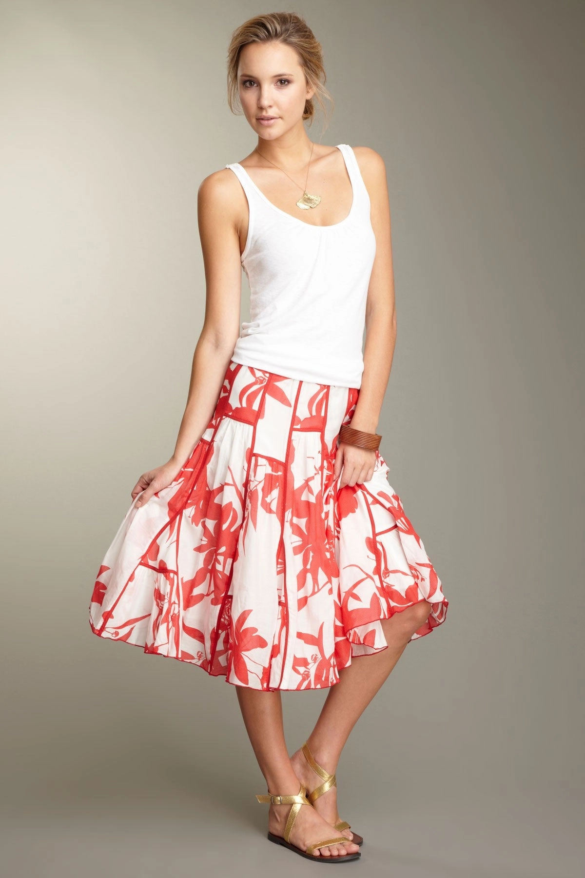 Slim Fit Band Silk Voile Ruffled Insert Skirt - Red Print