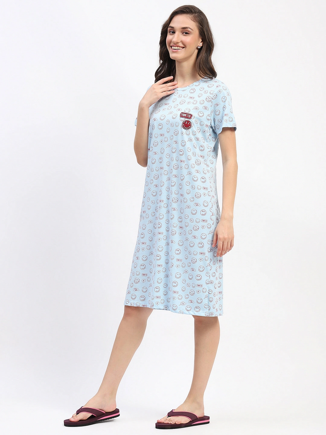 Beaded-Sleeve Timeless Layering mSECRET Sky Blue Smiley Print Short-Sleeve Cotton Nightdress