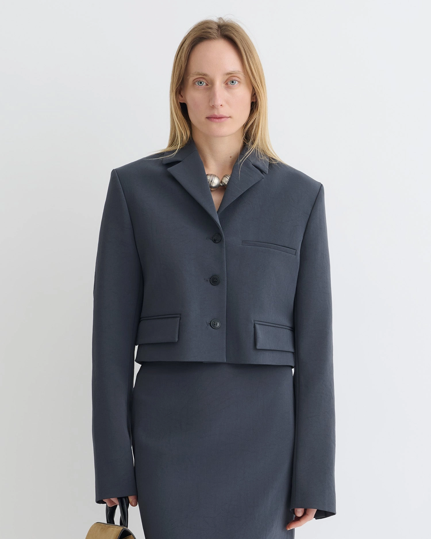 Sinead - Cropped Paper Jersey Blazer - Dusty Blue EcoFriendlyBlends