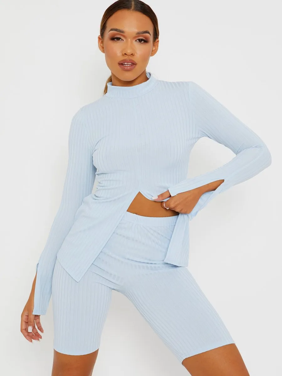Sisi Split Front Ribbed Top & Cycling Shorts Co-ord In Blue