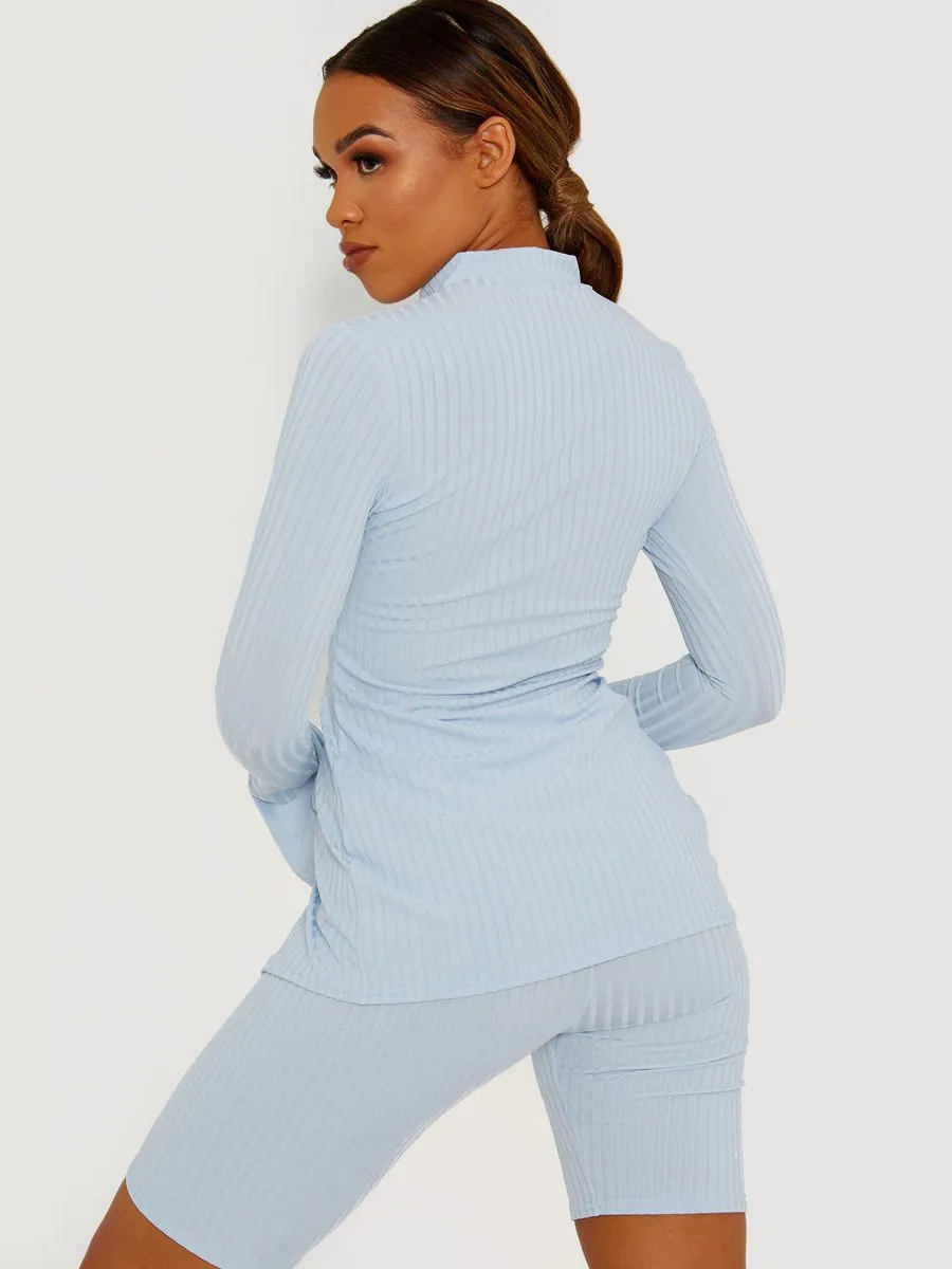 Sisi Split Front Ribbed Top & Cycling Shorts Co-ord In Blue