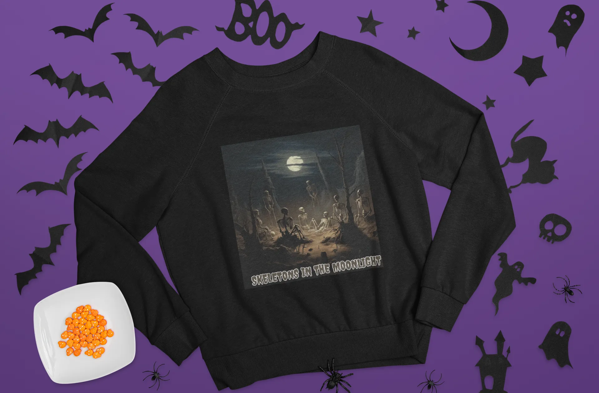 Skeletons in the Moonlight, Retro Sweatshirt, Cute Sweatshirt, Halloween Sweatshirt, Womens' Halloween, Spooky Sweatshirt, Halloween Party
