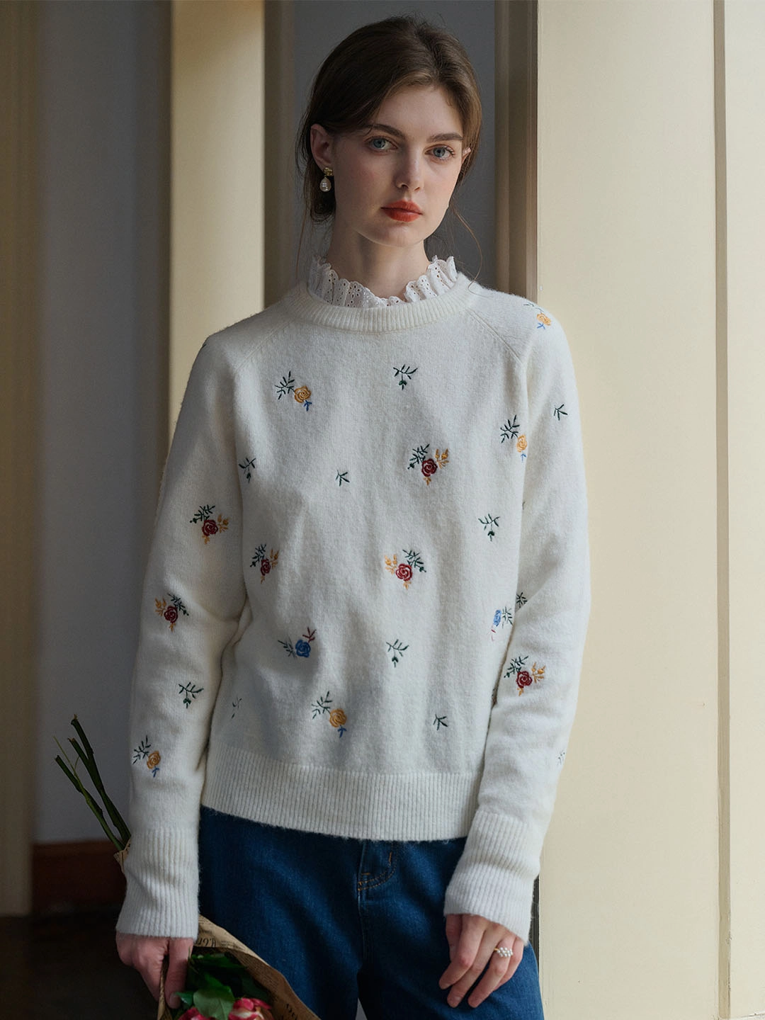 Eco Conscious Production ??Final Sale??Melody Floral Embroidery Raglan Sleeve Sweater
