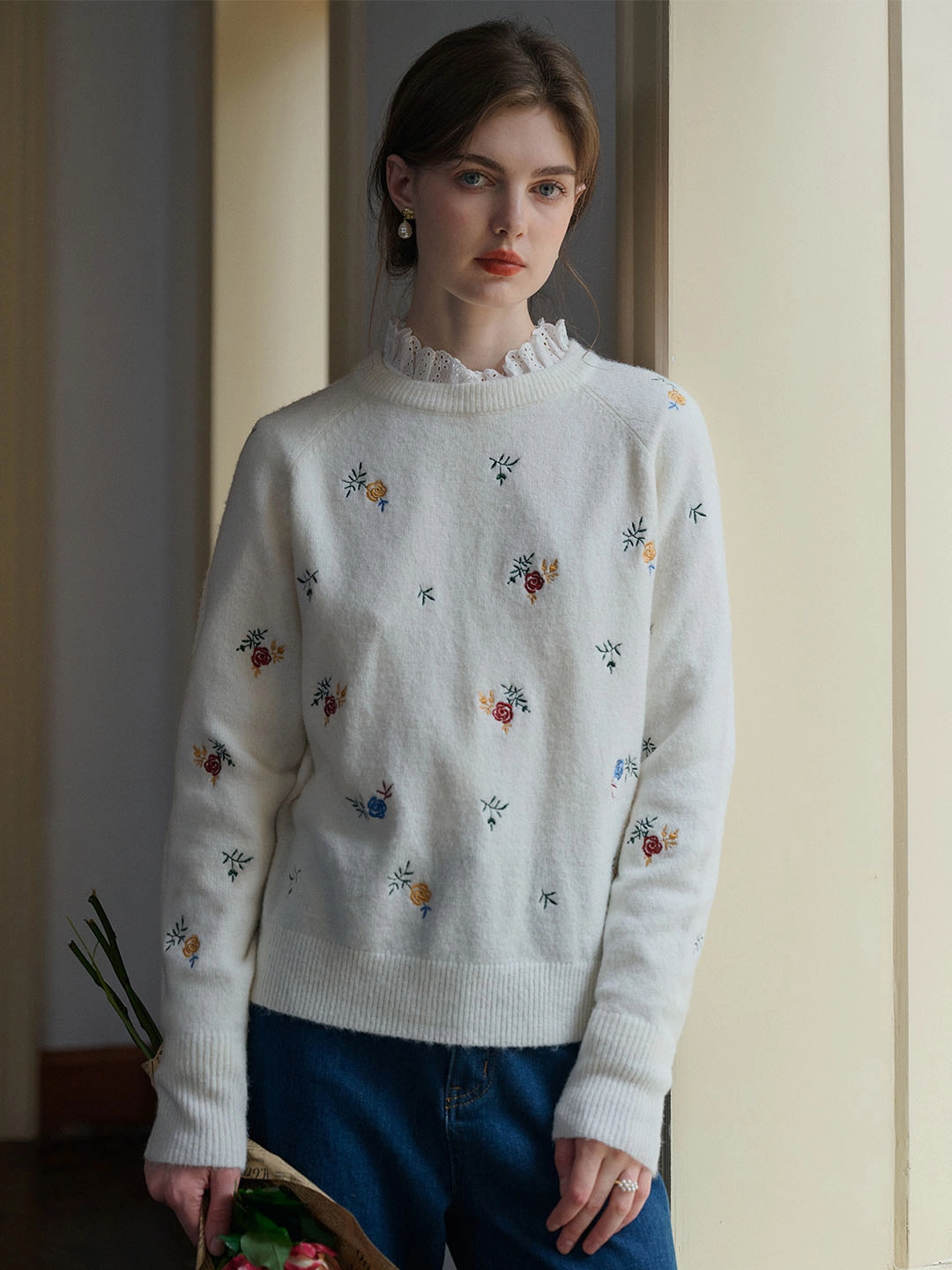 ??Final Sale??Melody Floral Embroidery Raglan Sleeve Sweater Natural Drape EcoFriendly Textile
