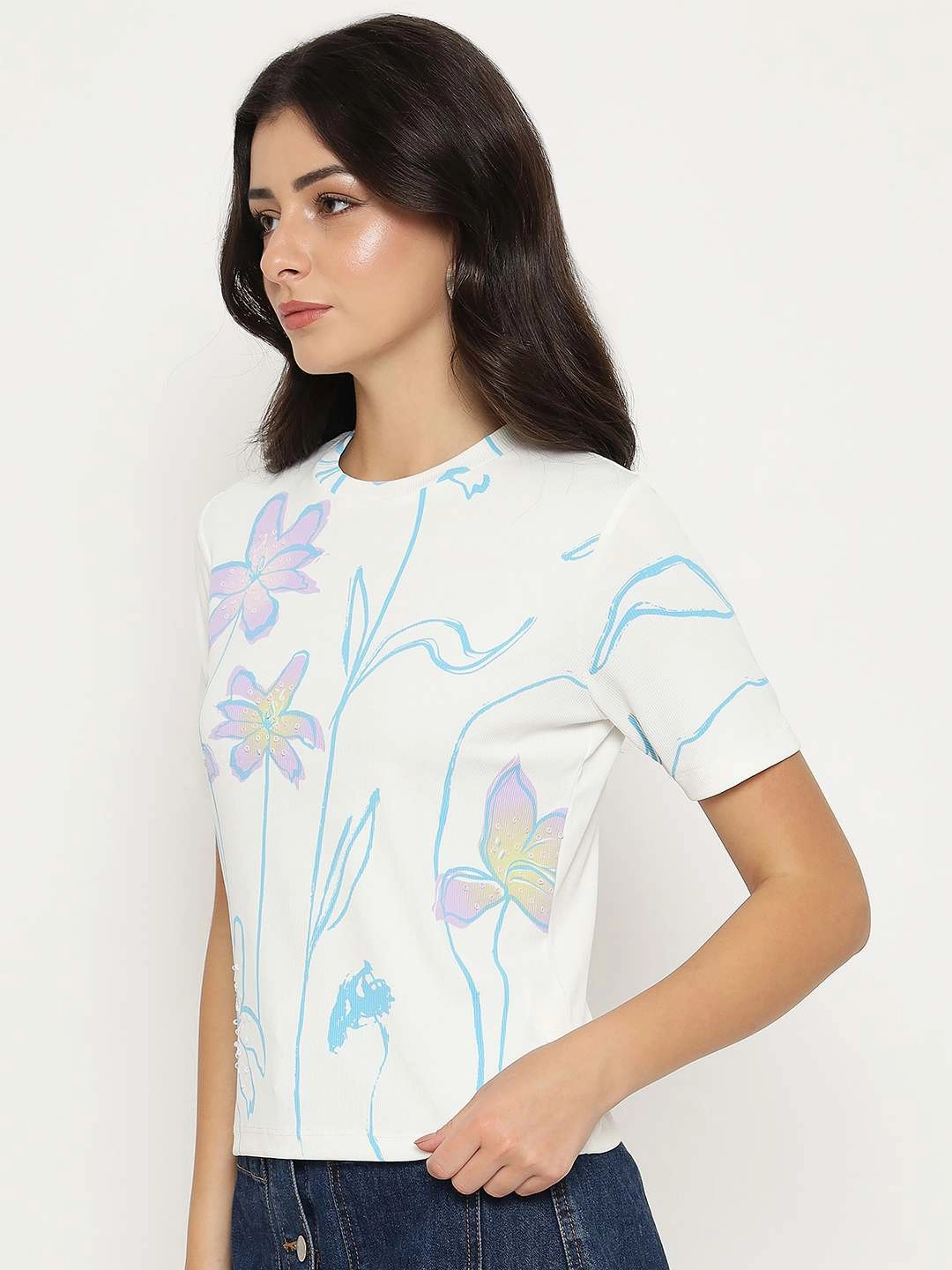 Madame Floral Print Sequin Detailed White T-Shirt Easter Light Layer