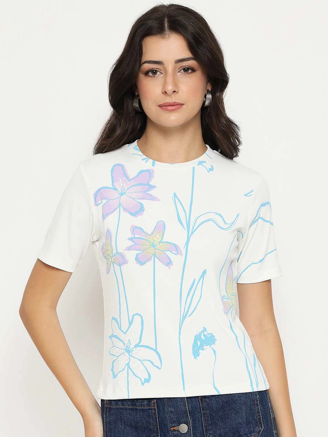 UV protected Cool and Chic Madame Floral Print Sequin Detailed White T-Shirt