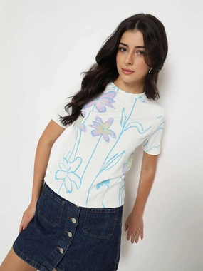 Buttery Soft Fabric Madame Floral Print Sequin Detailed White T-Shirt