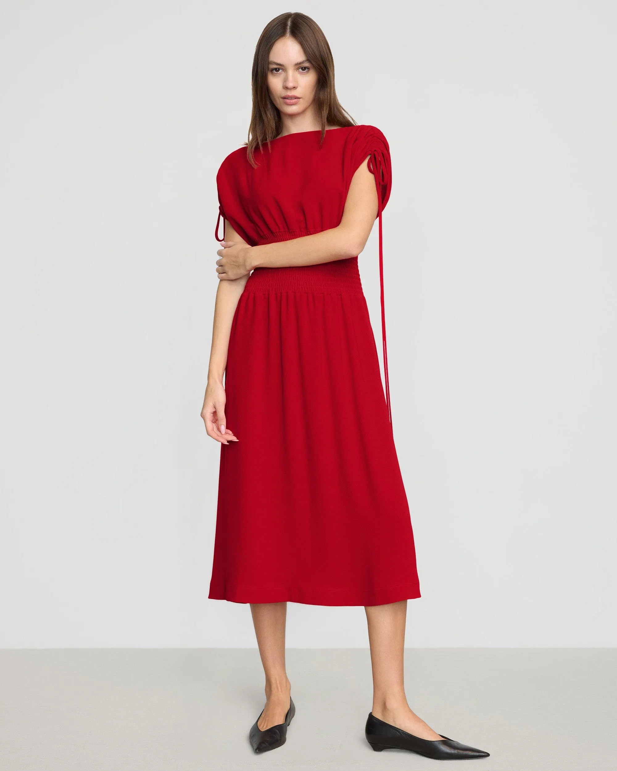 Ayumi Gathered-Shoulder Dress Floral Swing Quiet Mood