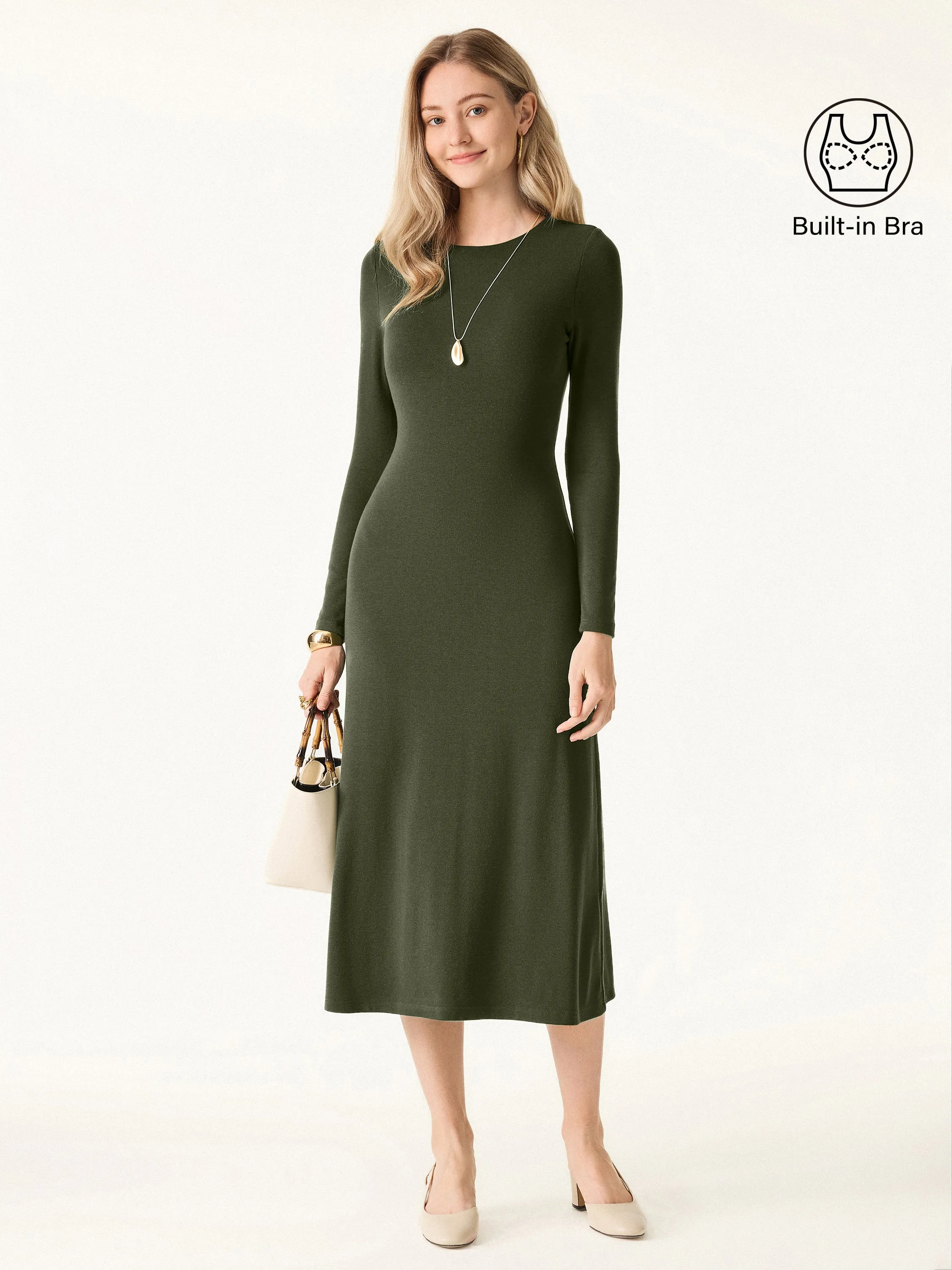 Mid Fit Essential Round Neck Long Sleeve Midi Brami Dress
