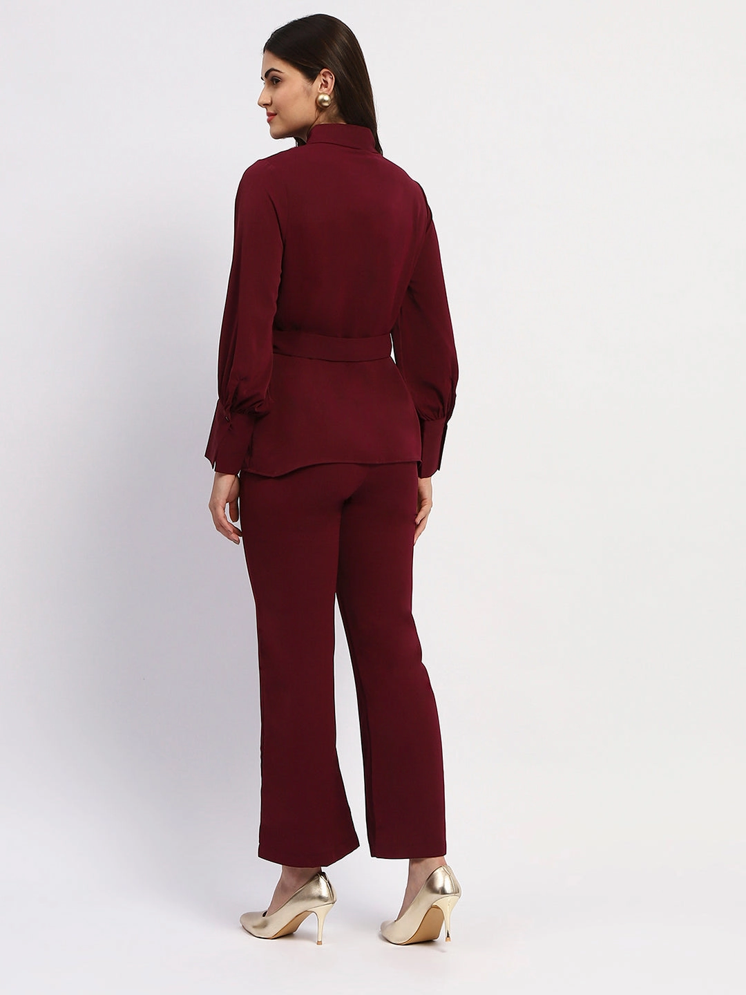Madame Purple Belted Shirt and Wide-Leg Bottom Ensemble Dreamy Texture Stylish Appearance