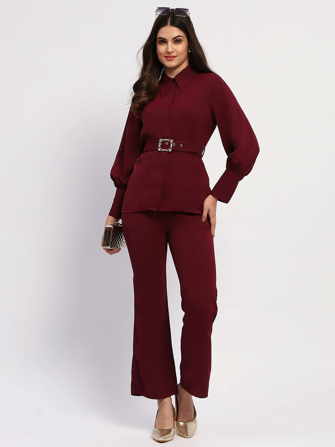 Madame Purple Belted Shirt and Wide-Leg Bottom Ensemble Soft Balance