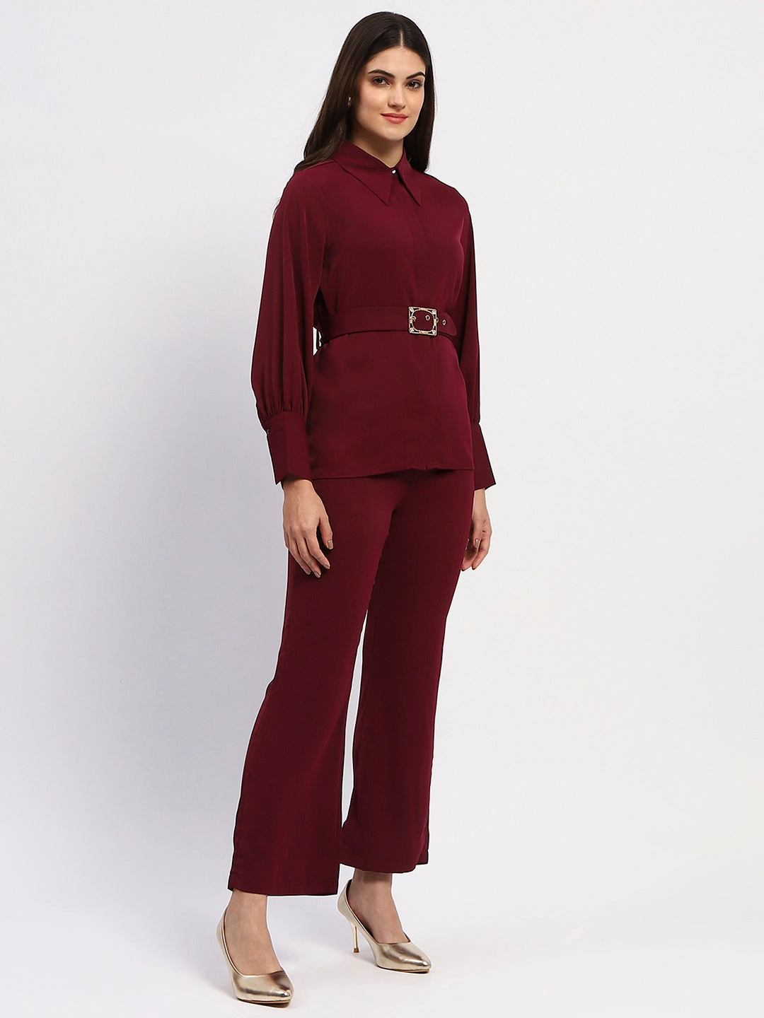 Stylish Feel Modern Waist Madame Purple Belted Shirt and Wide-Leg Bottom Ensemble