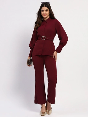 Madame Purple Belted Shirt and Wide-Leg Bottom Ensemble Soft Balance