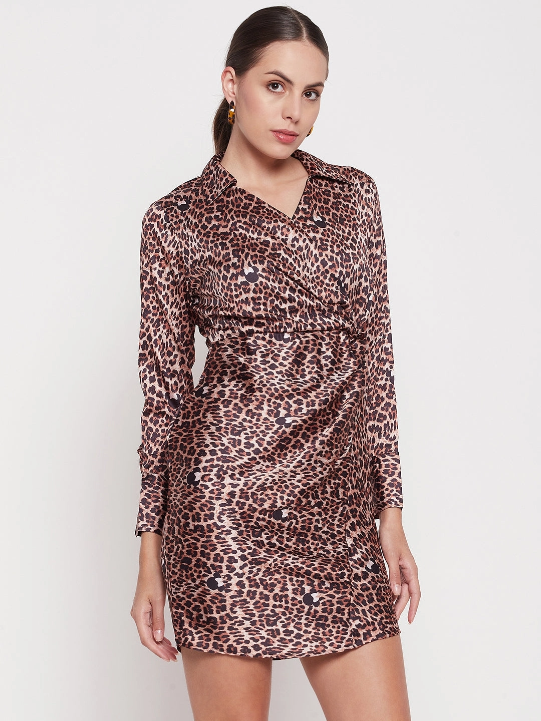 Madame Animal Print Ruched Side Brown Mini Dress LightweightMaterial Shine Soft