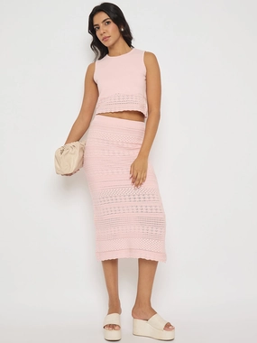Madame Schiffli Top and Skirt Pink Cotton Knit Co-ord Set Relax Form