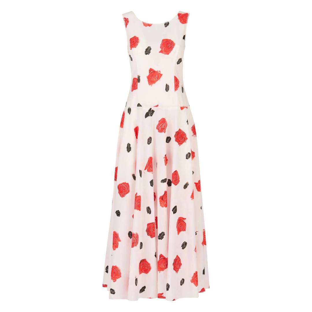 Contemporary Layer Rose Floral Cotton Poplin Midi Dress