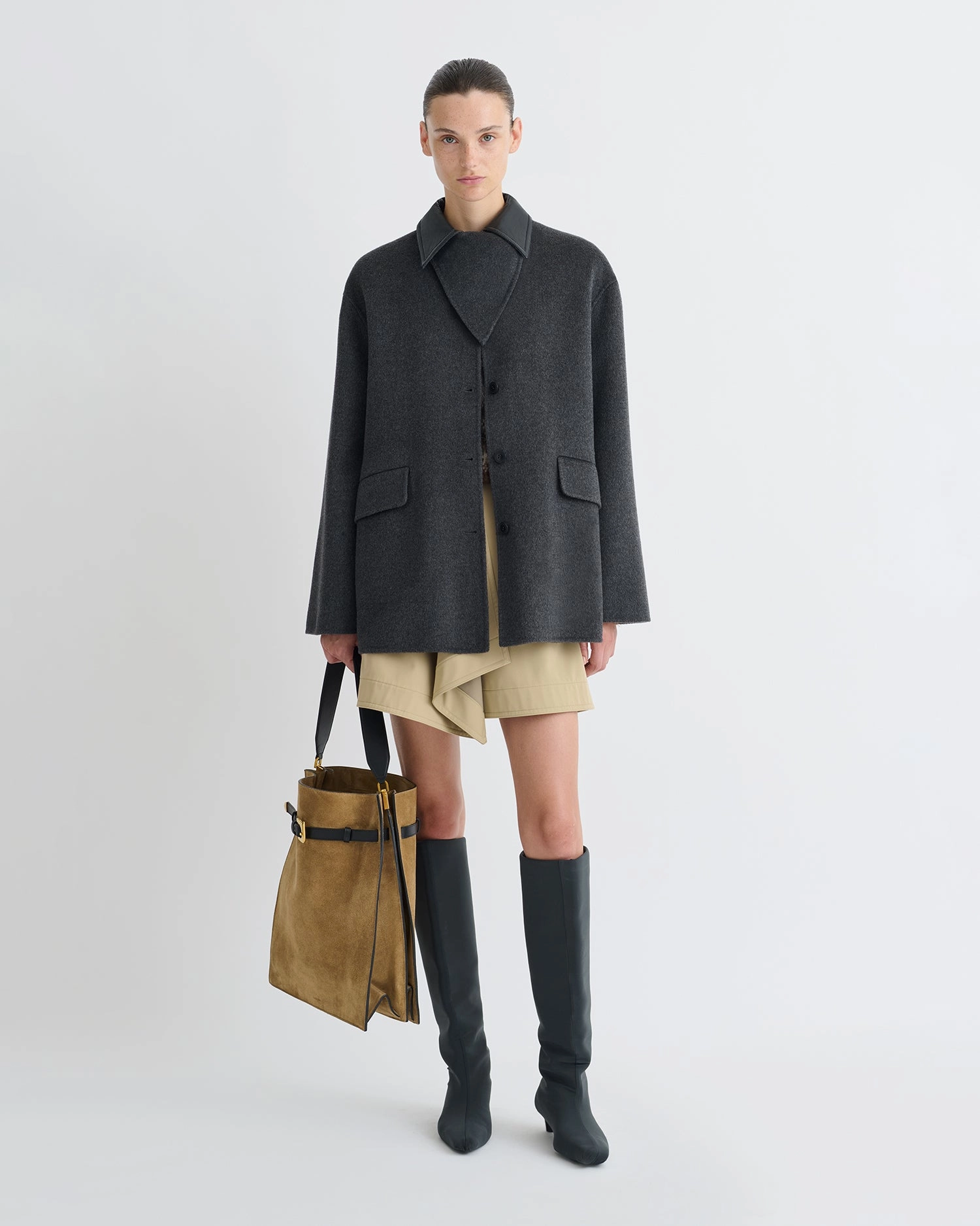 Jada - Double Wool/Regen Leather Jacket - Grey Melange/Black Supportive Stretch All Day Wear