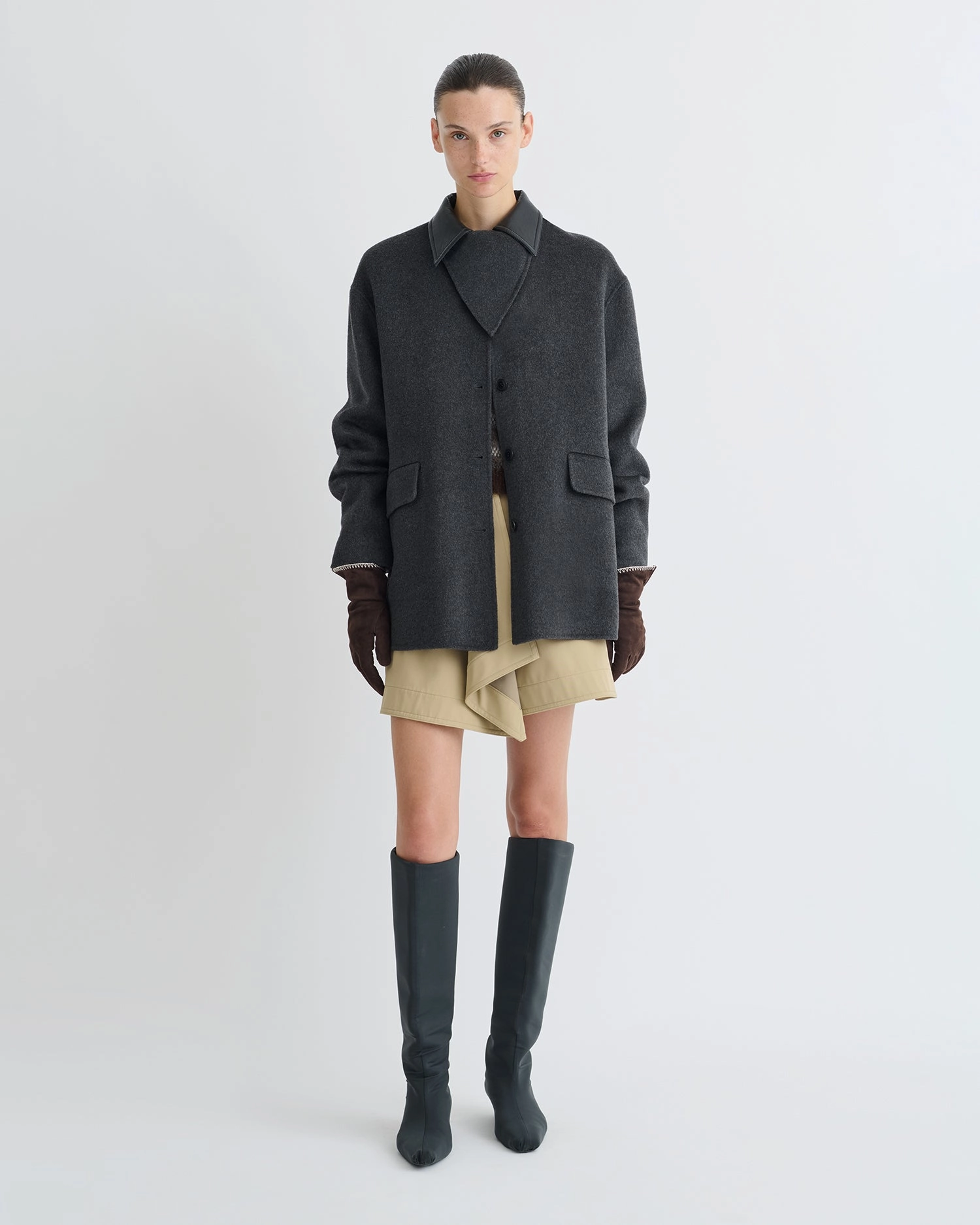 Jada - Double Wool/Regen Leather Jacket - Grey Melange/Black Ruffled Casual-style