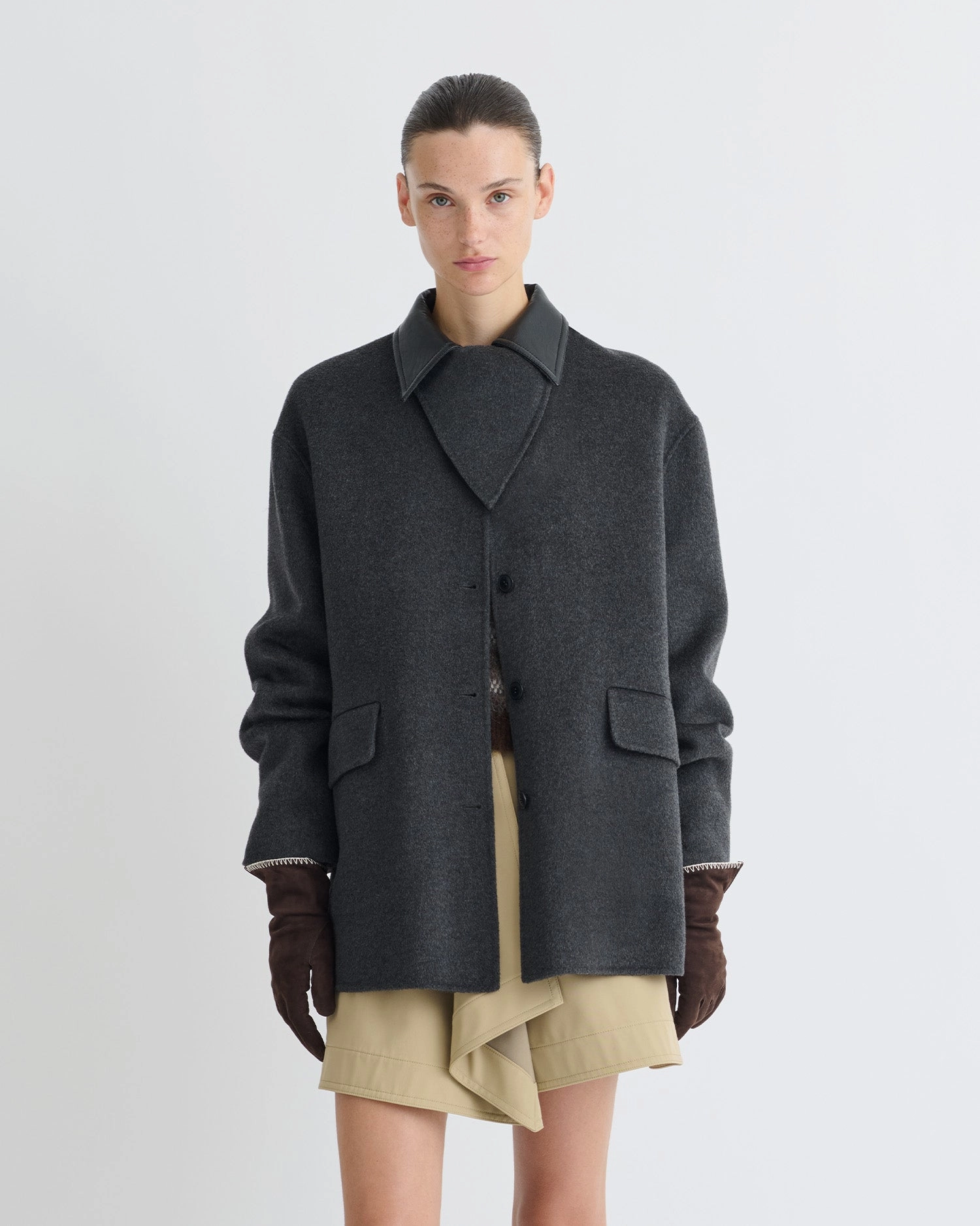 Fall-fashion-quality Pre-faded Jada - Double Wool/Regen Leather Jacket - Grey Melange/Black