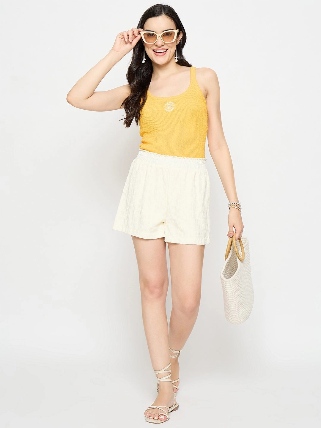 Abstract Motif Madame Elasticated Solid Off White Shorts
