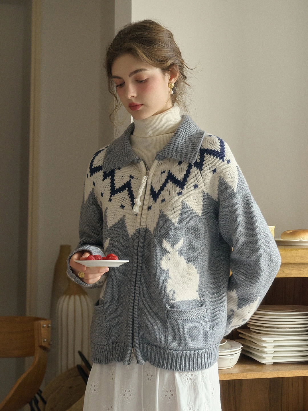 Quick drying material Garment Dyed Ailany Notched Collar Fair Isle Double Zipper Wool Cardigan
