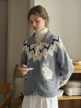 Ailany Notched Collar Fair Isle Double Zipper Wool Cardigan Biodegradable Fiber Construction