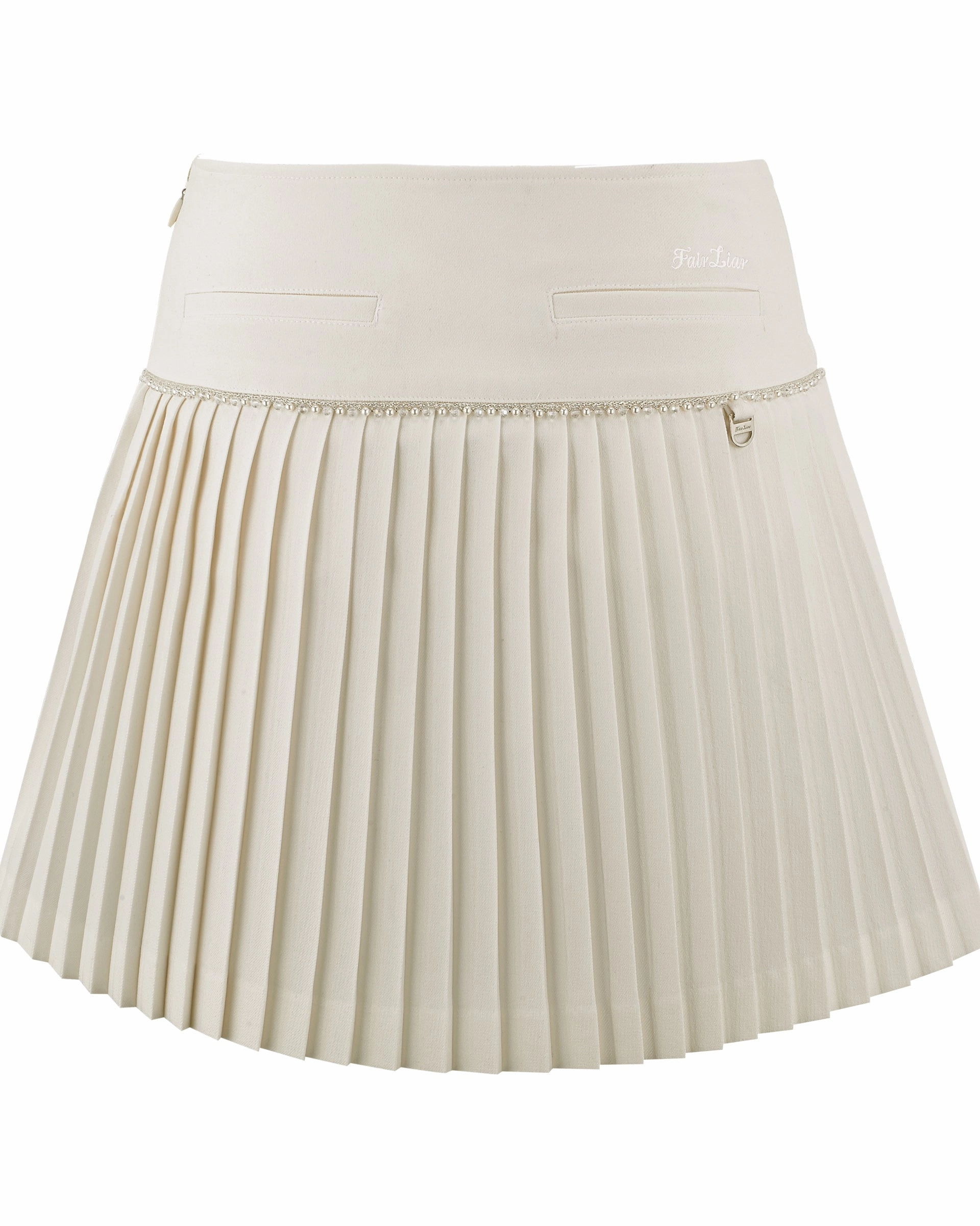 [FL Signature] Pearl & Bead Flare Pleated Skirt - Beige Tailored Cut Cashmere Touch