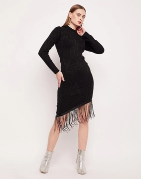 Madame Fringed Hem Abstract Print Bodycon Dress Smart Waistband Design