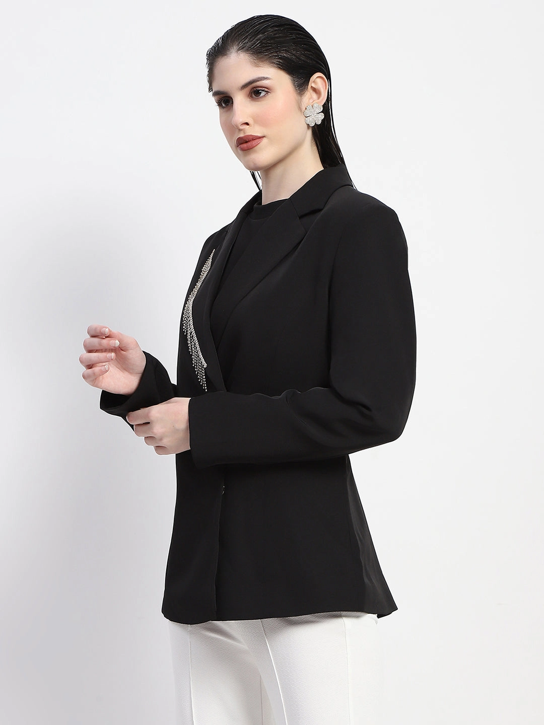 Madame Chain Adorned Notched Lapel Neckline Black Blazer Flexible Elbow Patches Breathable City Style